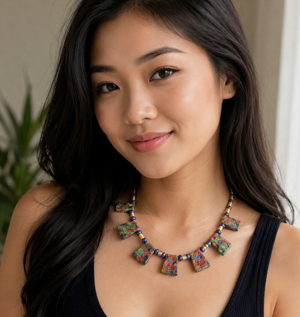 Colorful Mosaic Bead Statement Necklace Blue Yellow Rectangular 18 in